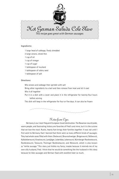 A recipe page from "Folklore and Food" by Schiffer Publishing, Ltd. offers Hot German Saluda Cole Slaw, with a decorative title, ingredient list, directions, and a historical note linking German cuisine to Southern folklore.