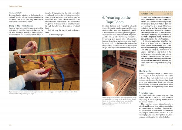 Hands weave colorful threads on a tape loom to create Handwoven Tape by Schiffer Publishing, Ltd., shown on a table surrounded by instructions and American history text.