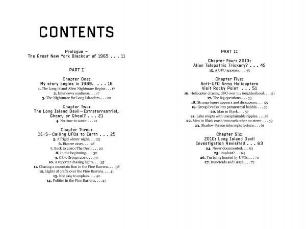 The table of contents for UFOs Over Long Island, New York by Schiffer Publishing, Ltd. lists chapters and page numbers on the New York blackout, UFOs, extraterrestrials, military roles, Joseph Flammer, and alien investigations in black text on white.