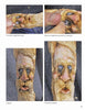 Four step-by-step images inspired by Tom Wolfe Carves Spirit Canes from Schiffer Publishing, Ltd. show a bearded wood face being painted, highlighting the addition of white and blue to the eyes before revealing the finished, colored look.