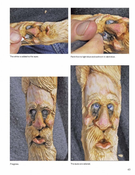 Four step-by-step images inspired by Tom Wolfe Carves Spirit Canes from Schiffer Publishing, Ltd. show a bearded wood face being painted, highlighting the addition of white and blue to the eyes before revealing the finished, colored look.