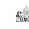 Black and white line drawing from "Victorian Buildings of San Francisco" by Schiffer Publishing, Ltd.; features a domed greenhouse with arched windows and ornate roof, among trees and bushes, ink drawing style for adult coloring, right side on white background.
