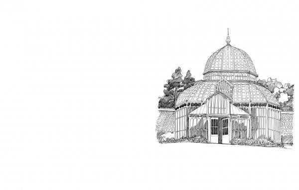 Black and white line drawing from "Victorian Buildings of San Francisco" by Schiffer Publishing, Ltd.; features a domed greenhouse with arched windows and ornate roof, among trees and bushes, ink drawing style for adult coloring, right side on white background.