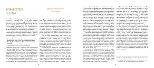 A two-page spread from "Western Art of the Twenty-First Century" by Schiffer Publishing, Ltd. features the heading “Introduction: On the Range,” with two columns of serif text on Western history, margin quotes, and page numbers; no images included.