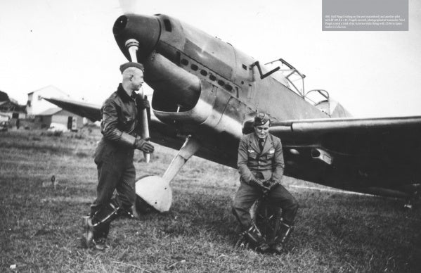 Two WWII-era pilots pose by a Bf 109 on a grassy airfield, recalling the Legion Condor’s role in the Spanish Civil War, as explored in "German Eagles in Spanish Skies" from Schiffer Publishing, Ltd.
