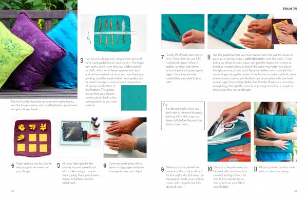 Discover step-by-step instructions for printing leaf patterns on fabric in "Print It!" by Schiffer Publishing, Ltd.—from gathering materials and painting leaves to transferring designs, ironing, and displaying finished pillows.