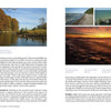A two-page spread from Schiffer Publishing, Ltd.'s "Pennsylvania's Preserved Lands" features text on hiking, the state's natural areas and wildlife, plus three landscape photos of rivers, bluffs, and a sunset over Lake Erie.