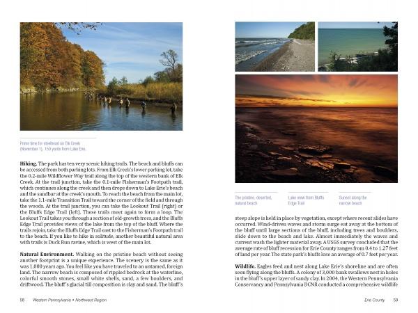 A two-page spread from Schiffer Publishing, Ltd.'s "Pennsylvania's Preserved Lands" features text on hiking, the state's natural areas and wildlife, plus three landscape photos of rivers, bluffs, and a sunset over Lake Erie.