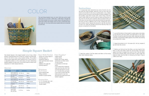 A magazine spread from Schiffer Publishing, Ltd.'s Basketry Basics shows a finished square basket with handles, materials, instructions on the left page, and an illustrated step-by-step weaving guide with photos on the right.