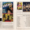 The open pages of "Freaks of Sideshow and Film" by Schiffer Publishing, Ltd. showcase vintage posters, photos from the film Freaks, a cast list, text blocks, and content on conjoined twins Violet and Daisy Hilton in a sepia circus-themed layout.