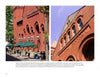 Two photos from Lancaster County Reflections by Schiffer Publishing, Ltd. capture the red brick Romanesque Revival-style Lancaster Central Market—one shows outdoor seating, while the other highlights the CENTRAL MARKET sign.