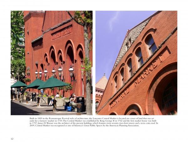 Two photos from Lancaster County Reflections by Schiffer Publishing, Ltd. capture the red brick Romanesque Revival-style Lancaster Central Market—one shows outdoor seating, while the other highlights the CENTRAL MARKET sign.