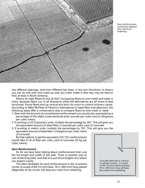 A black-and-white page from "Concrete Flatwork" by Schiffer Publishing, Ltd. discusses cracks in concrete pavements and reinforcement fibers, featuring a sidewalk crack photo and an illustration of how rebar helps prevent cracks from widening.