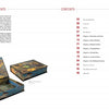 On the left is an open decorative box made with book board, featuring sea turtle and fish designs. On the right, Schiffer Publishing's "Constructing and Covering Boxes" displays a contents page with chapters in red and black text.