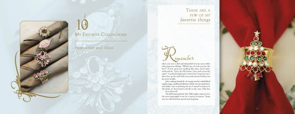 Showcasing "Jewelry for Your Table" by Schiffer Publishing, Ltd.—elegant napkin rings with jeweled designs, including vintage brooch Christmas tree styles. Inspiring decor and perfect gift ideas in a chic gold and white layout.