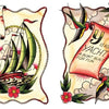 Two vintage tattoo-style illustrations from "A is for Anchor" by Schiffer Publishing, Ltd.: one shows a sailboat with 'Y y' above it; the other features a scroll reading "Y is for Yacht" with flowers and a bird—great for kids’ alphabet books.