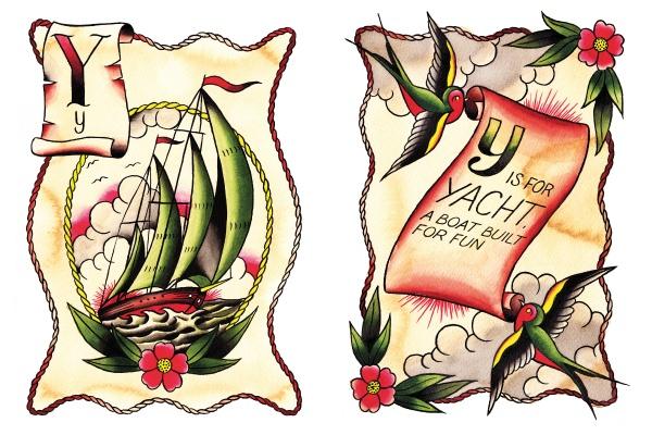 Two vintage tattoo-style illustrations from "A is for Anchor" by Schiffer Publishing, Ltd.: one shows a sailboat with 'Y y' above it; the other features a scroll reading "Y is for Yacht" with flowers and a bird—great for kids’ alphabet books.