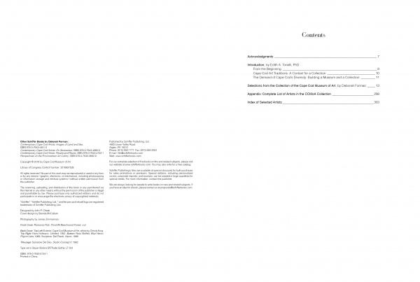 The open book, "Art From Cape Cod" by Schiffer Publishing, Ltd., displays publication details and acknowledgments on the left page, and a table of contents—including Cape Cod artists and art collection—on a clean white layout with black text.