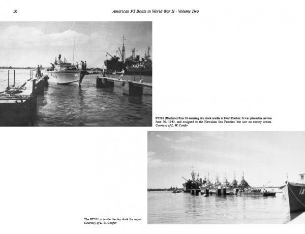 In "American PT Boats in World War II Volume Two" by Schiffer Publishing, Ltd., two black-and-white photos show PT boats: one near a pier with sailors onboard, another featuring several docked together, illustrating their WWII naval significance.