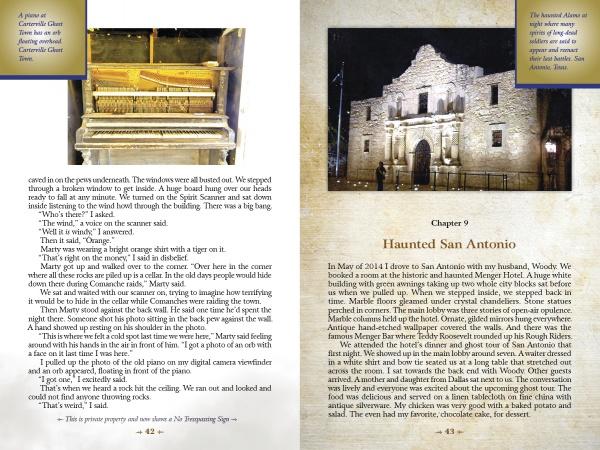 Left page: A worn piano with exposed strings sets a haunting mood, paired with text on an eerie site visit. Right page: The Alamo glows at night above the chapter "Haunted San Antonio." Product: Spirit Magnet In Texas by Schiffer Publishing, Ltd.