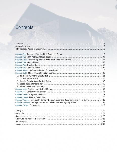 Table of contents from "The Historic Barns of Southeastern Pennsylvania" by Schiffer Publishing, Ltd., covering barn history, architecture, construction, preservation, and local barns. Includes introduction, glossary, bibliography, and page numbers.