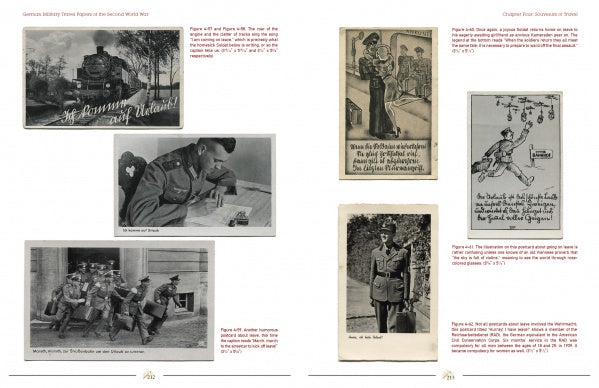 Two pages from "German Military Travel Papers of the Second World War" by Schiffer Publishing, Ltd. showcase six B&W WWII German military photos and illustrations, each with captions, red text notes, and references to original Wehrmacht documents.