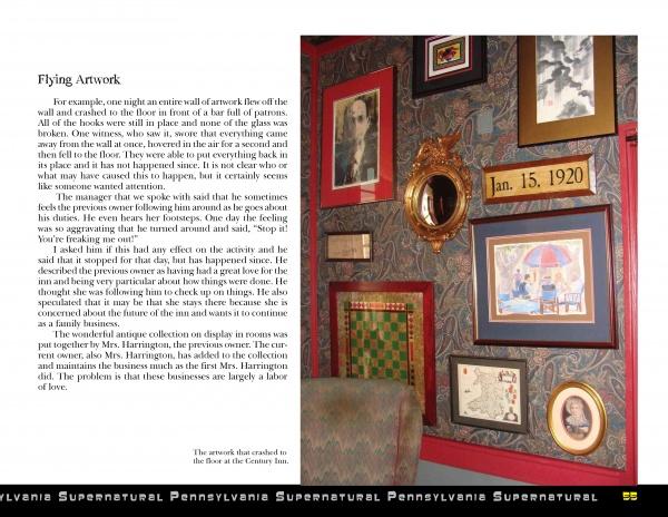 A wall adorned with framed photos, art—including a vintage chessboard and Jan. 15, 1920 date—recalls the vintage charm of Cult House Road Chadds Ford, as featured in Supernatural Pennsylvania by Schiffer Publishing, Ltd. Text about flying artwork appears left.