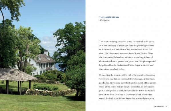 A classic Long Island country house with green shutters, a gazebo, and stone wall is featured under a clear sky on "Americana" by Schiffer Publishing, Ltd., with text about The Homestead on the right.