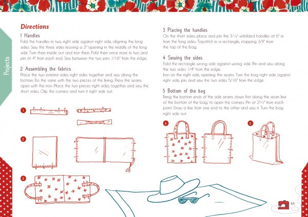 The Little Guide to Mastering Your Sewing Machine by Schiffer Publishing, Ltd. offers illustrated, step-by-step instructions and sketches to sew a tote bag—ideal for beginners. Features a red floral border and includes diagrams of a hat and tote bag on a blanket.