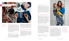 A magazine spread features Katrina Rodabaugh with knitting materials, text about her creative motherhood and "The Motherhood of Art" by Schiffer Publishing, Ltd., plus a photo of her smiling while holding two young children.