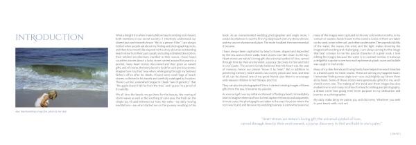 A spread from "My Heart Rocks" by Schiffer Publishing, Ltd. shows "INTRODUCTION" above a small photo of a person by the ocean and heart rocks on the left, with light-font text on a white background across both pages.