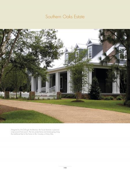 A spacious home with Southern architecture features a wide porch, brick steps, white pillars, and dormer windows behind a picket fence with lush greenery. Above is the text: Contemporary Southern Homes by Schiffer Publishing, Ltd.