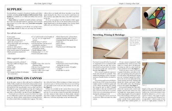 A two-page spread from "Floor Cloths, Quilts, and Pages" by Schiffer Publishing, Ltd. gives step-by-step photos on stretching and priming canvas—ideal for painting floor cloths or other creative home decor projects.