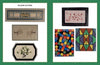 Floor Cloths, Quilts, and Pages" by Schiffer Publishing, Ltd. showcases six vibrant painted floor cloths with geometric shapes, leaves, birds, grapes, checkerboards & abstracts on green backgrounds—unique handcrafted home décor ideas displayed across two pages.