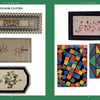 Floor Cloths, Quilts, and Pages" by Schiffer Publishing, Ltd. showcases six vibrant painted floor cloths with geometric shapes, leaves, birds, grapes, checkerboards & abstracts on green backgrounds—unique handcrafted home décor ideas displayed across two pages.