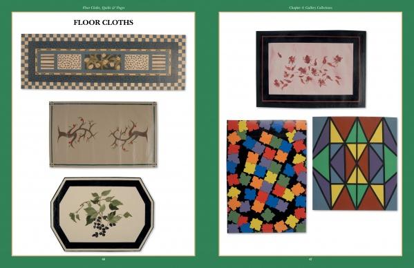 Floor Cloths, Quilts, and Pages" by Schiffer Publishing, Ltd. showcases six vibrant painted floor cloths with geometric shapes, leaves, birds, grapes, checkerboards & abstracts on green backgrounds—unique handcrafted home décor ideas displayed across two pages.