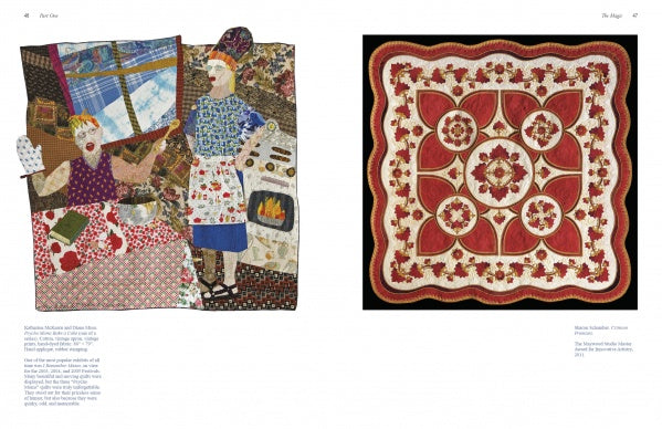 Left: “Magic & Memories” by Schiffer Publishing, Ltd. shows a quilt of two women in a kitchen. Right: Features an ornate red and white floral and geometric quilt from the International Quilt Festival.