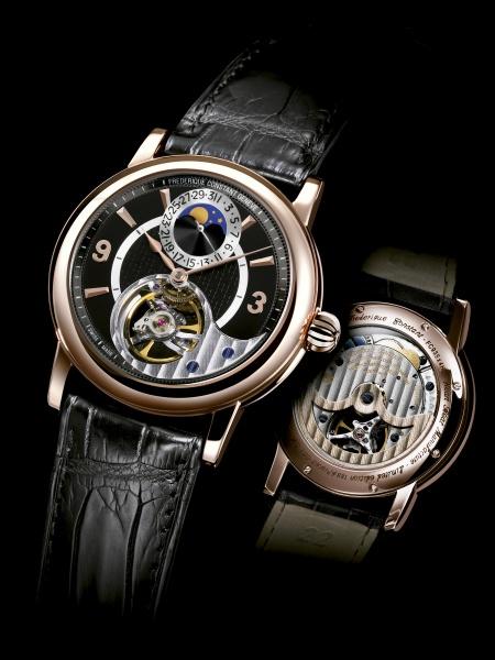 Two "Live Your Passion" luxury wristwatches from Schiffer Publishing, Ltd. are shown: one features high-end complications with an open-face dial and moonphase, while the other reveals the intricate mechanical movement on its back.