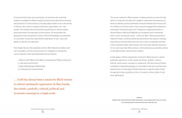 An open copy of "Craft Capital" by Schiffer Publishing, Ltd. shows text on Black women’s creative practices and resistance, with an orange-highlighted quote underscoring contemporary craft as a tool for subverting systemic oppression.
