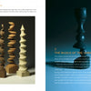 On the left are three Multi-Axis Spindle Turning sculptures by Schiffer Publishing, Ltd., each with spiraling beads in light, medium, and dark wood. On the right, text introduces basic woodturning techniques in art.