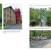 A two-page spread from "Delaware River Reflections" by Schiffer Publishing, Ltd. features photos of historic stone buildings, a red mill, and a suspension bridge along the Delaware River, with text describing these East Coast water source sites and their history.