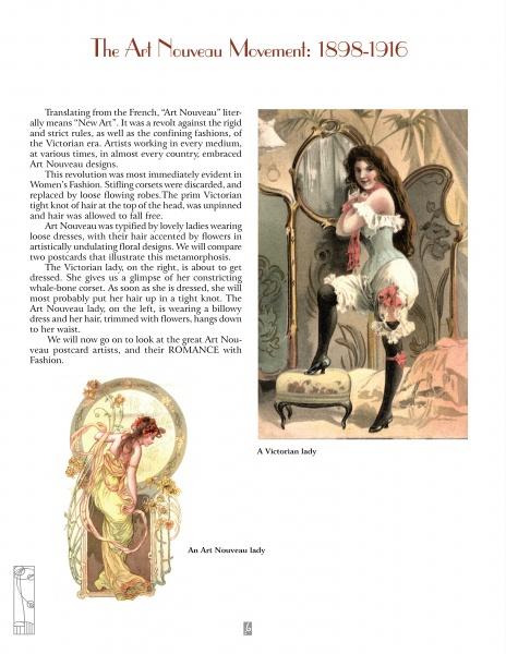 A page from Art Nouveau & Art Deco Fashion Postcards by Schiffer Publishing, Ltd. showcases info on the Art Nouveau Movement, a Victorian lady fashion illustration, and an Art Nouveau artwork with a lady and decorative motifs.