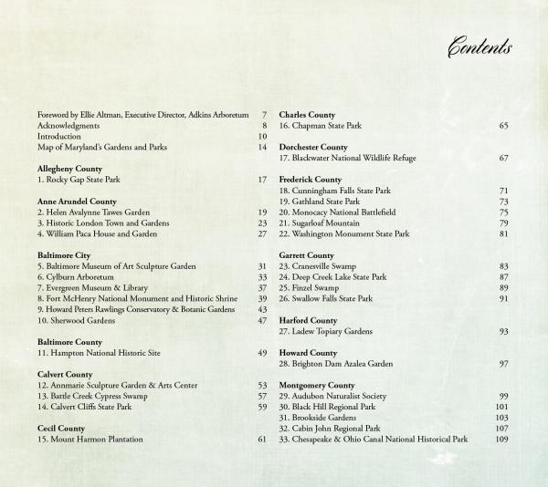 The table of contents in *Maryland's Public Gardens & Parks* by Schiffer Publishing, Ltd. lists public gardens and historic sites by county—including Allegany, Anne Arundel, Baltimore, Calvert, Charles, Dorchester, Frederick, Garrett, Harford, and Cecil—with page numbers.