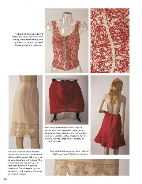 A collage from Schiffer Publishing, Ltd.'s "Irresistible: The Art of Lingerie, 1920s-1980s" showcases vintage red and white women’s corsets, skirts, dresses, and lingerie with lace and florals, captioned on a white background.