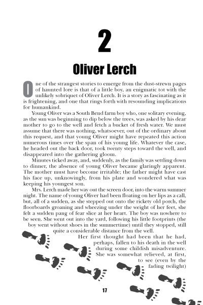 A page from "Indiana Ghost Folklore" by Schiffer Publishing, Ltd. shows chapter 2 at the top, followed by a story on Hoosier paranormal history and a trail of black footprints along the bottom.