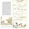 A page displays text on Silk Art Embroidery from Schiffer Publishing, Ltd., with images of scalloped borders, floral motifs, and intricate corner designs in soft pastels—echoing delicate Victorian needlework on antique linens.
