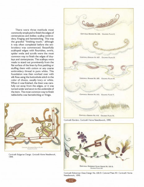 A page displays text on Silk Art Embroidery from Schiffer Publishing, Ltd., with images of scalloped borders, floral motifs, and intricate corner designs in soft pastels—echoing delicate Victorian needlework on antique linens.