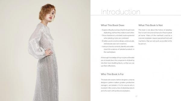 A woman in a shimmery, long-sleeved silver dress stands on the left, while the right page introduces Pleating by Schiffer Publishing, Ltd. with headings and text on a white background describing the book’s content and purpose.