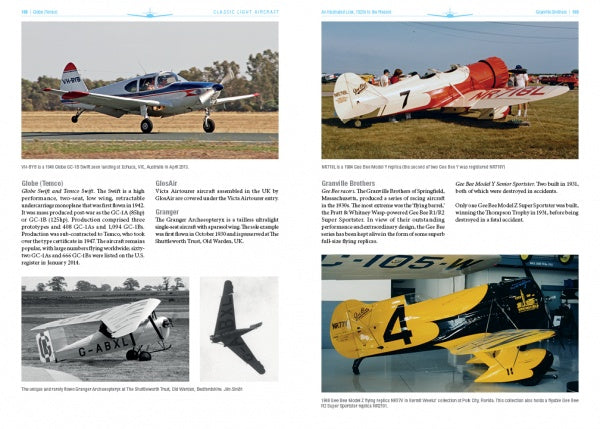 A magazine spread from Schiffer Publishing, Ltd. features their Classic Light Aircraft: a red-and-white plane on grass, a red-and-white biplane indoors, a small white light aircraft, and a classic yellow biplane.