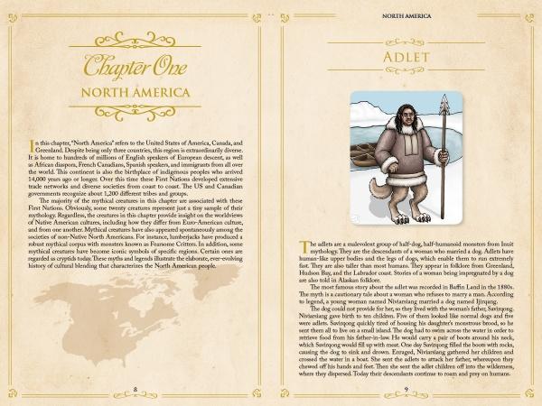 From "Monsters and Mythical Creatures from around the World" by Schiffer Publishing, Ltd.: A spread shows Chapter One: North America with intro text, plus an Adlet section with details and an illustration of this furred, spear-wielding creature.
